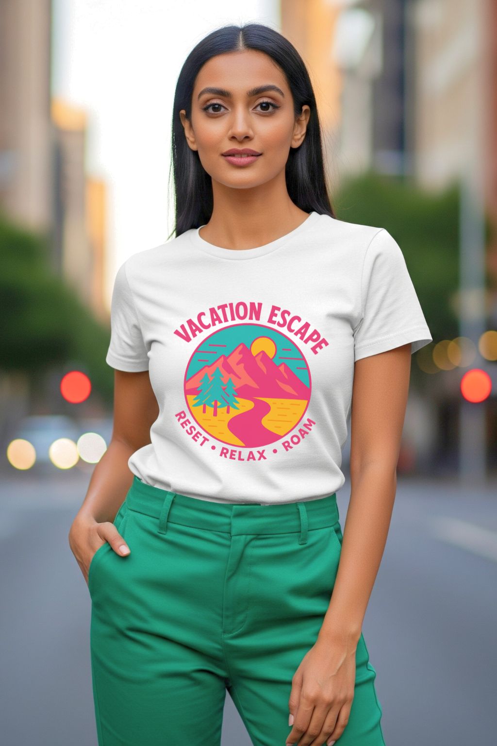 Woman wearing a white t-shirt with a colorful graphic and text, standing on a city street.