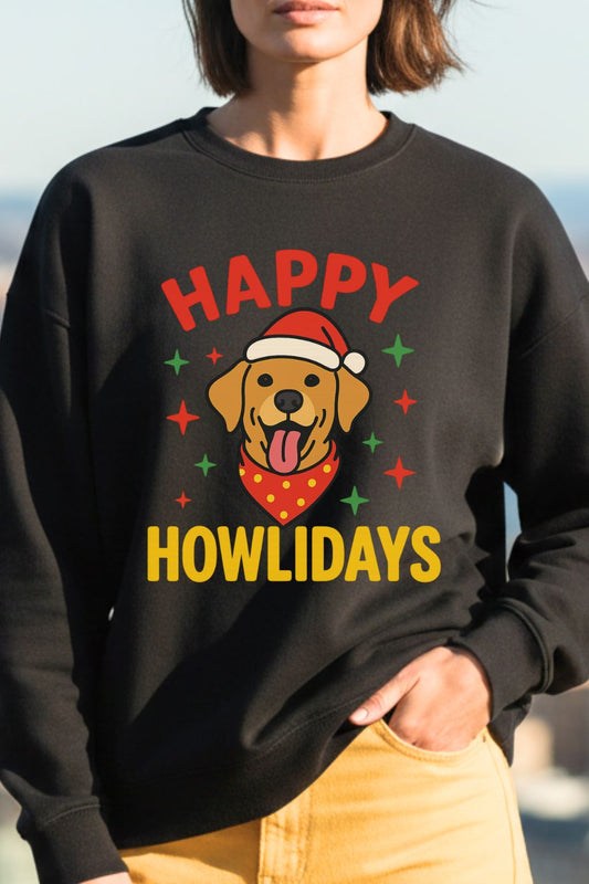 close up of a woman wearing a black oversized sweatshirt with a festive dog graphic and text 'Happy Howlidays'.