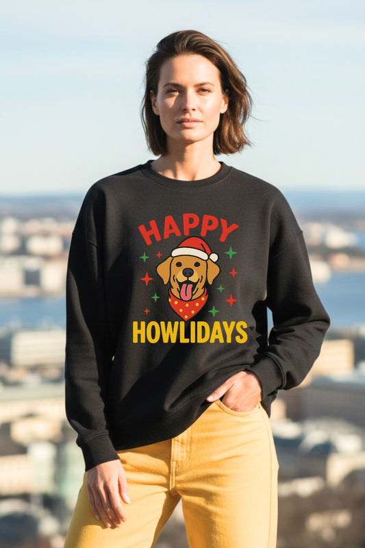 Woman wearing a black oversized sweatshirt with a dog graphic and text, standing against a cityscape background.