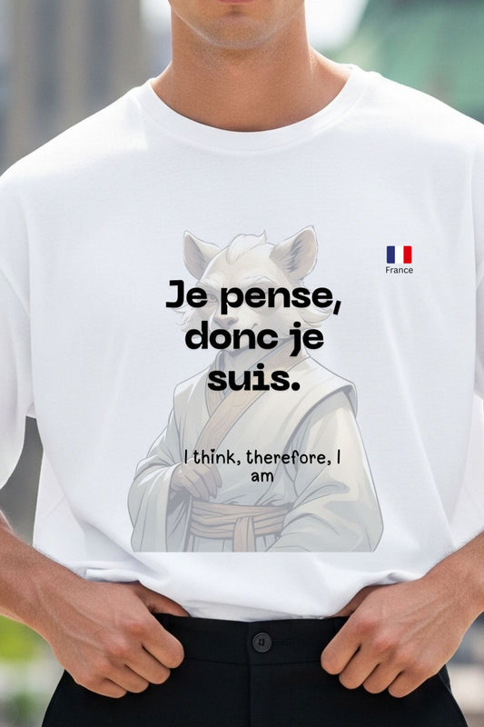 Man wearing a white t-shirt with a graphic of a philosopher and text, a French quote, with a blurred background.