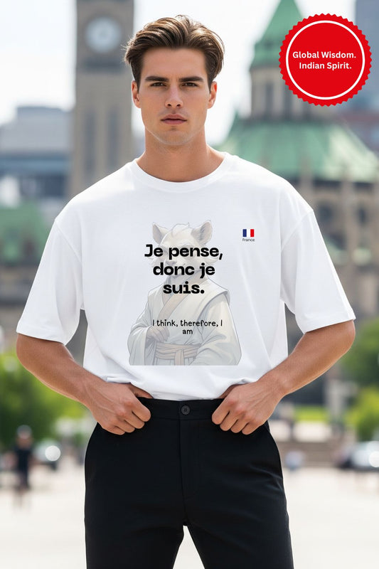 Man wearing a white t-shirt with a graphic and text, standing outdoors.