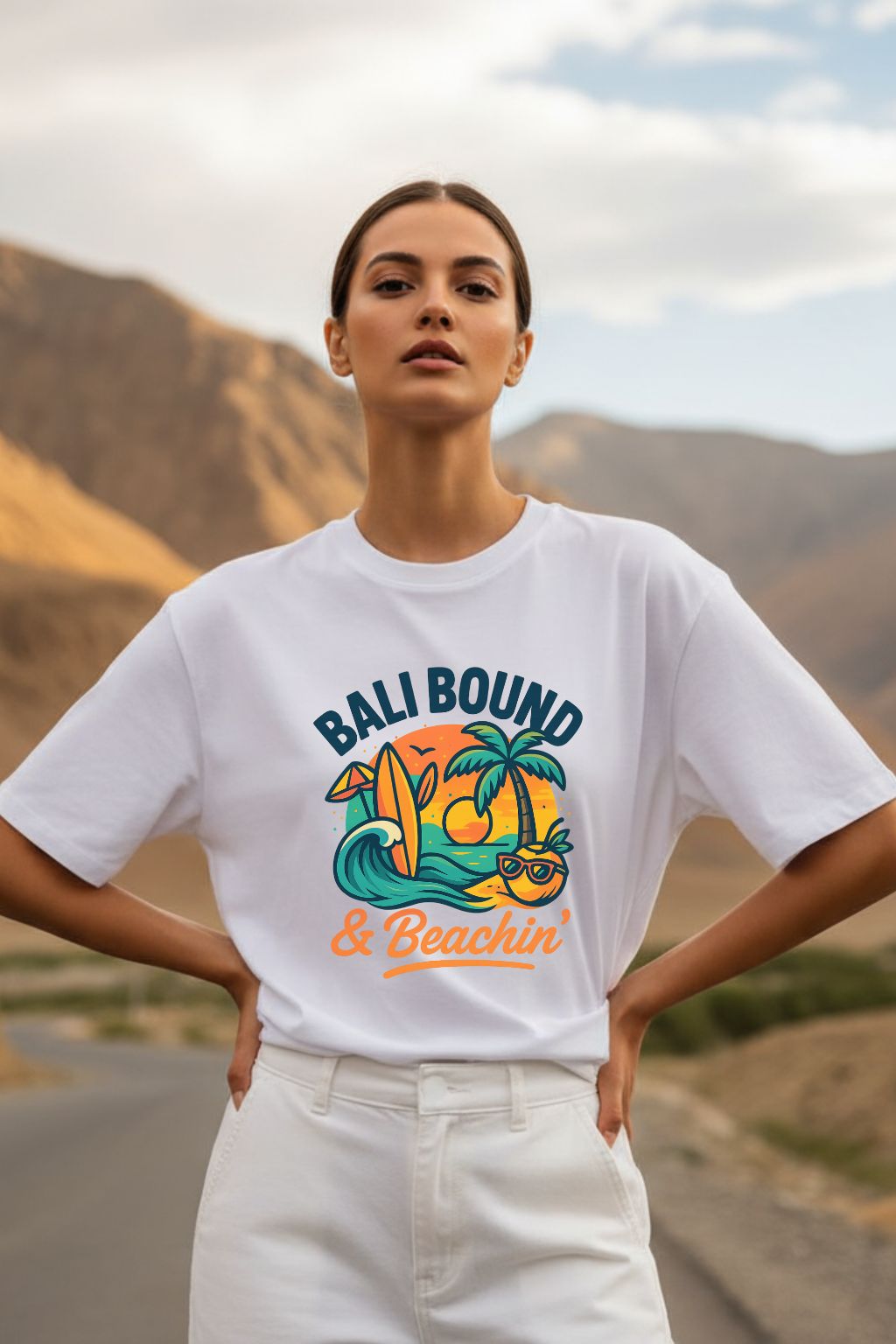 Woman wearing a white t-shirt with 'Bali Bound & Beachin' design in a scenic outdoor setting.