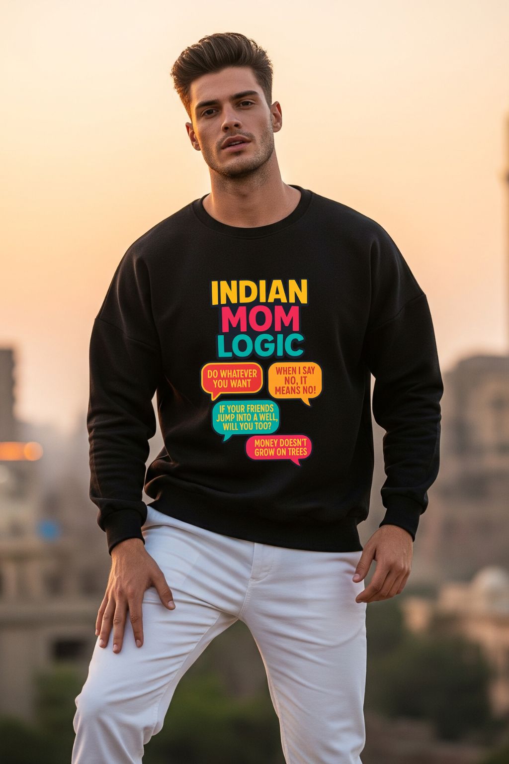 Man wearing a black sweatshirt with colorful text in an urban setting