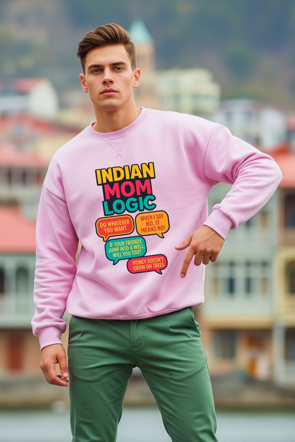 Man wearing a pink sweatshirt with 'Indian Mom Logic' text in an urban setting