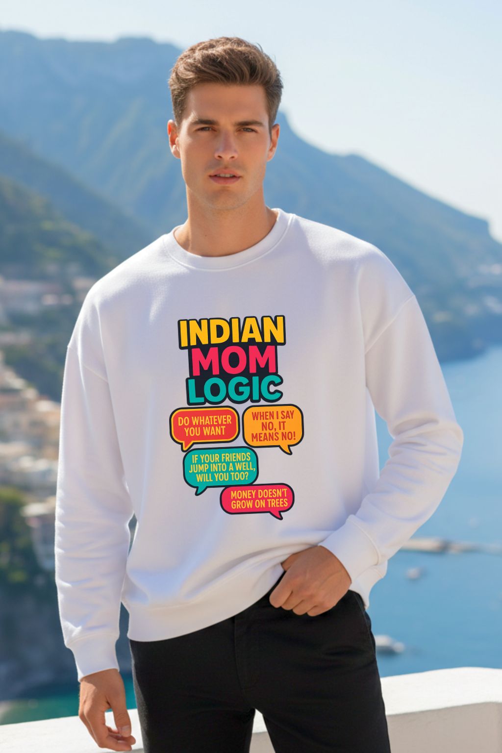 Man wearing a white sweatshirt with colorful text in front of a scenic background