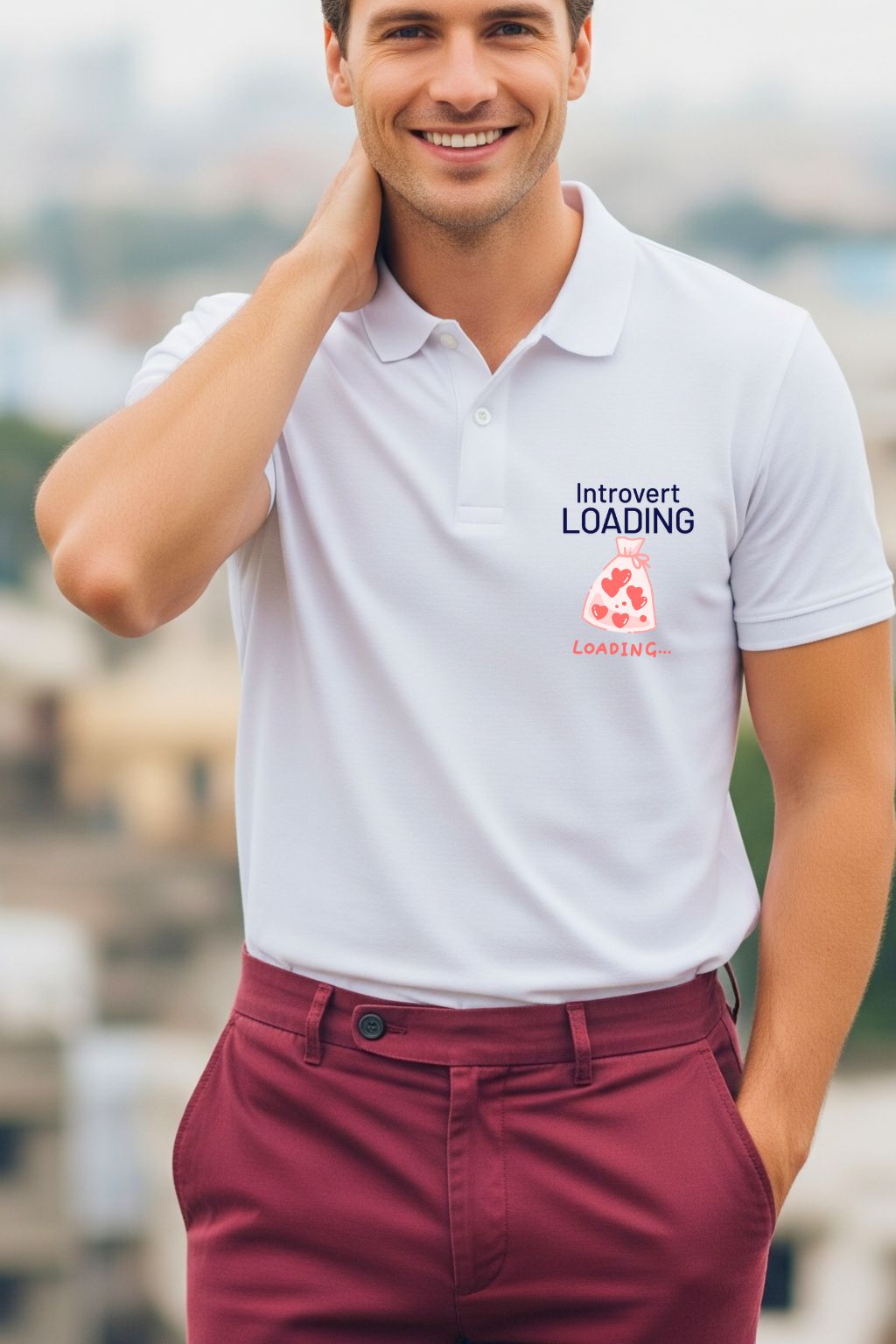 Close-up of the ZUPPI "Introvert Loading" graphic print on a men's white t-shirt.