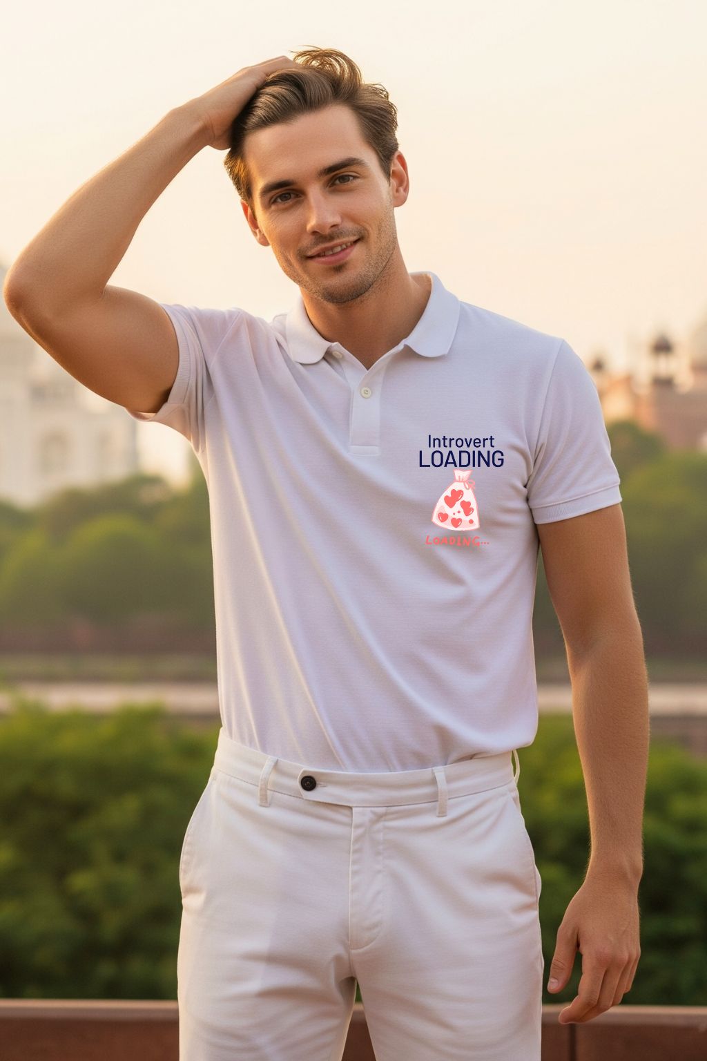 Male model wearing the ZUPPI "Introvert Loading" white t-shirt, front view, in an outdoor setting.