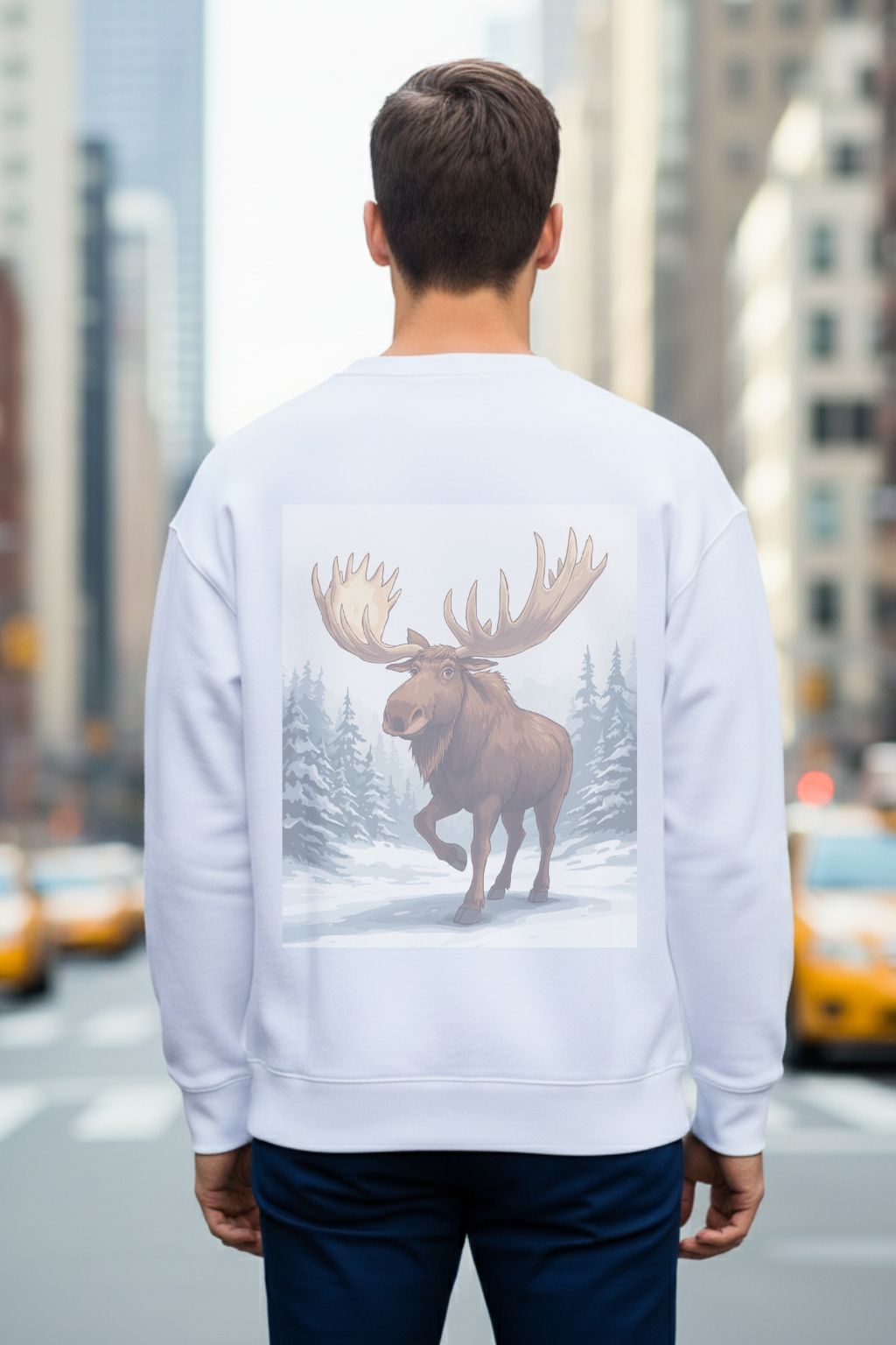 Back view of a man wearing a white sweatshirt with a moose graphic in an urban setting