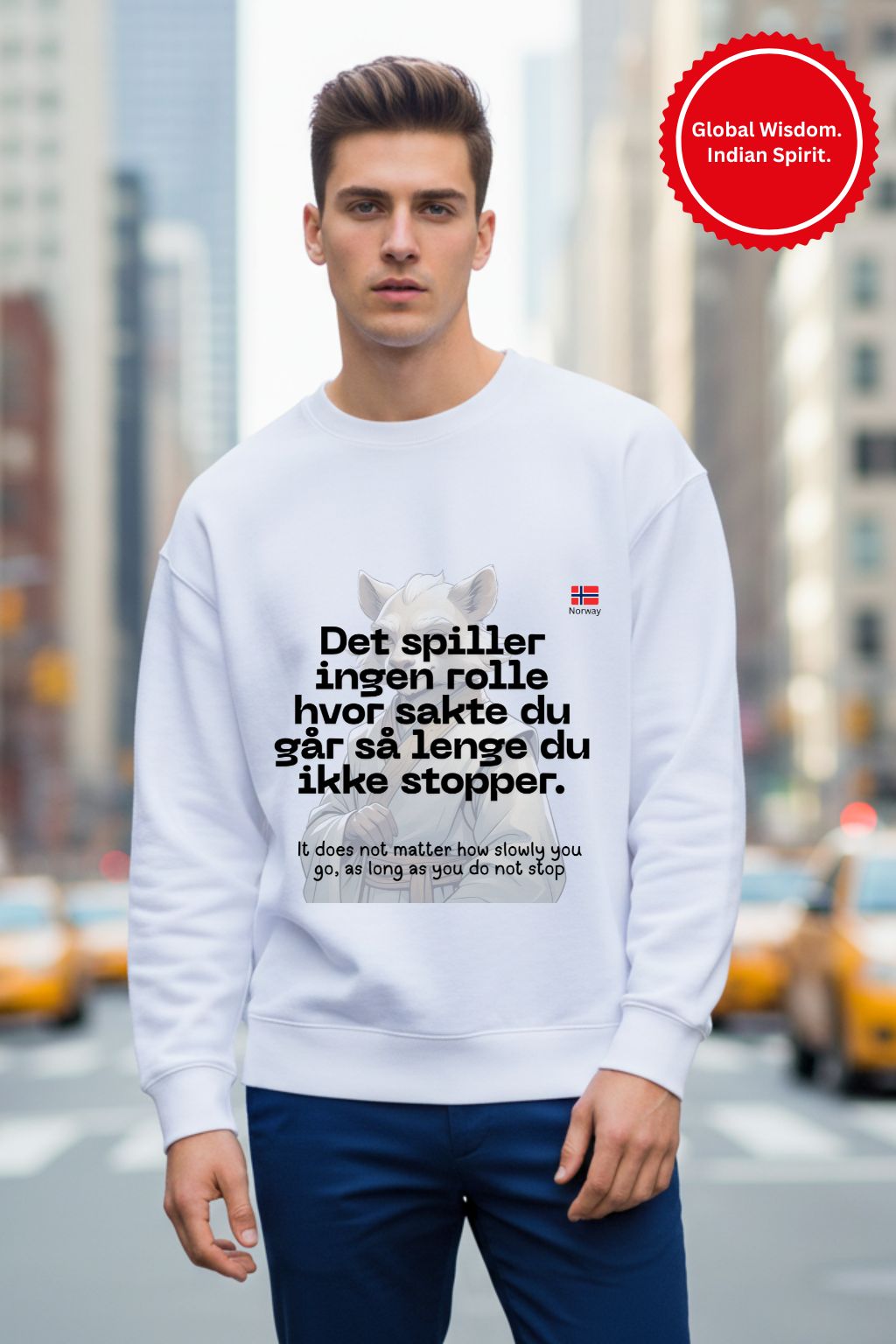 Front view of a man wearing a white sweatshirt with text on a city street background