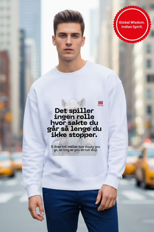 Front view of a man wearing a white sweatshirt with text on a city street background