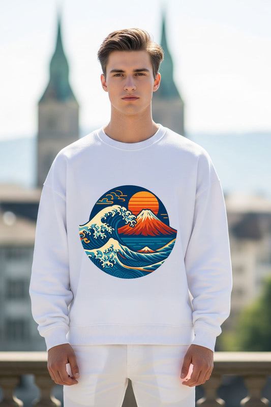 Man wearing a white sweatshirt with a wave and mountain design, standing outdoors.