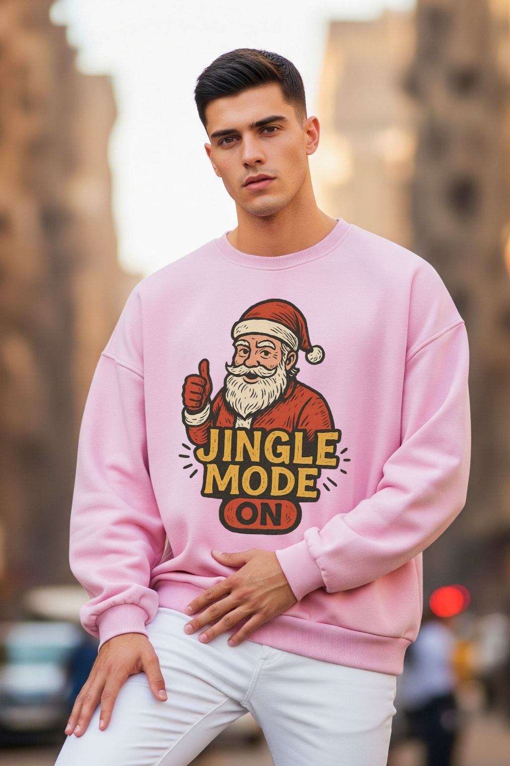 Man wearing a light baby pink oversized sweatshirt with a Santa Claus graphic and 'Jingle Mode On' text in an urban setting.