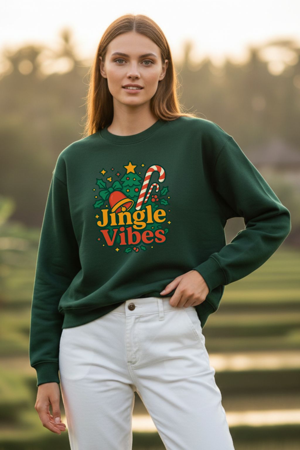 Woman wearing a bottle green oversized sweatshirt with 'Jingle Vibes' text and candy cane design outdoors.