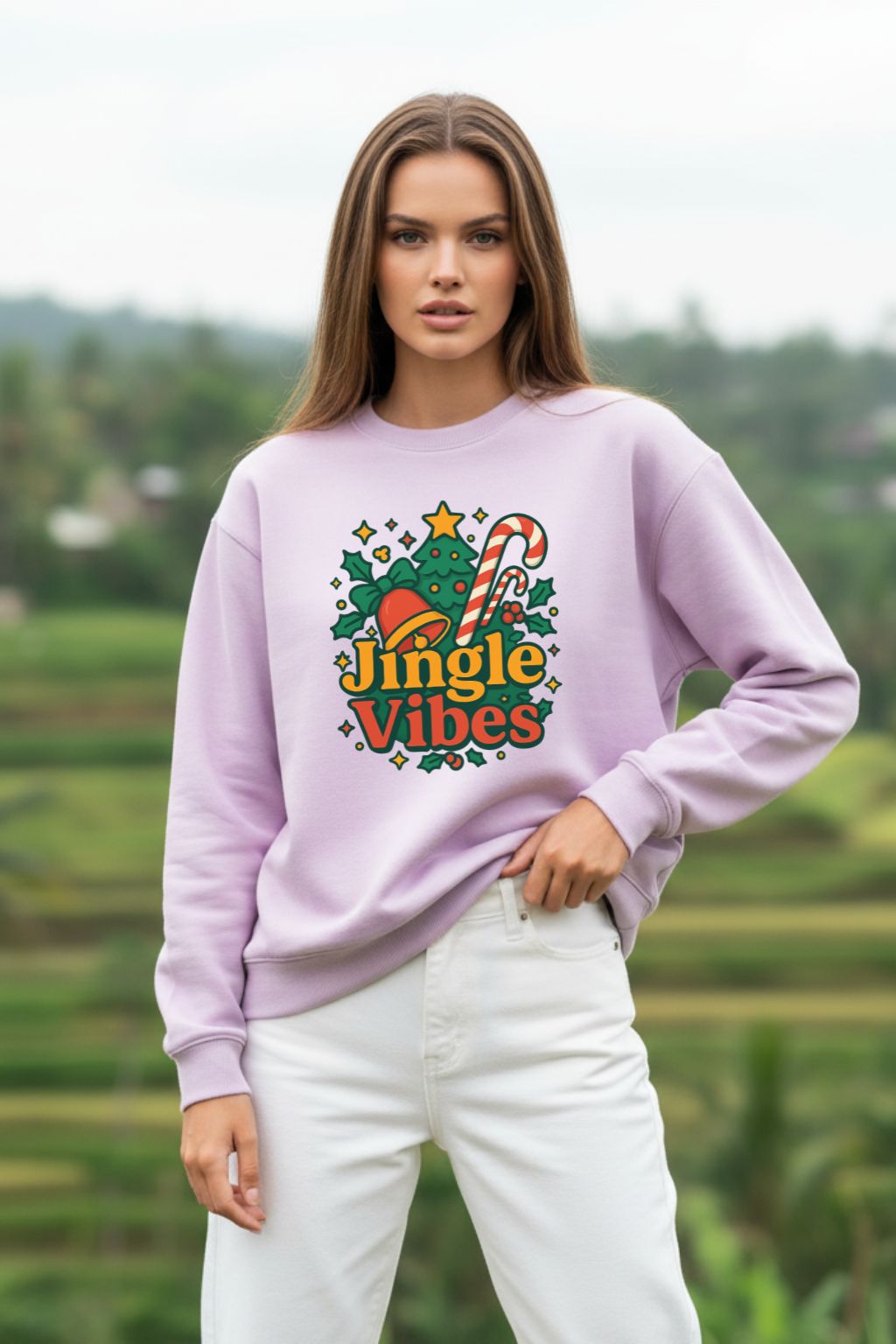 Woman wearing a light baby pink oversized sweatshirt with 'Jingle Vibes' text and graphics, standing outdoors.