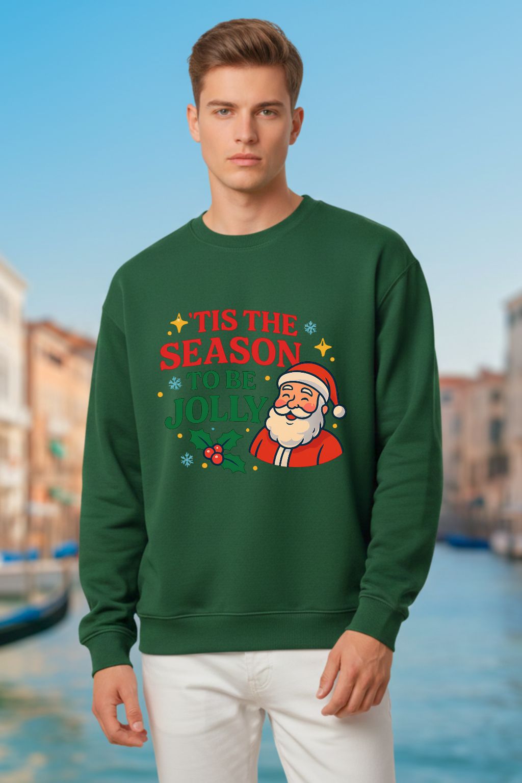 Man wearing a bottle green oversized Christmas sweatshirt with Santa Claus graphic and text in an urban setting.