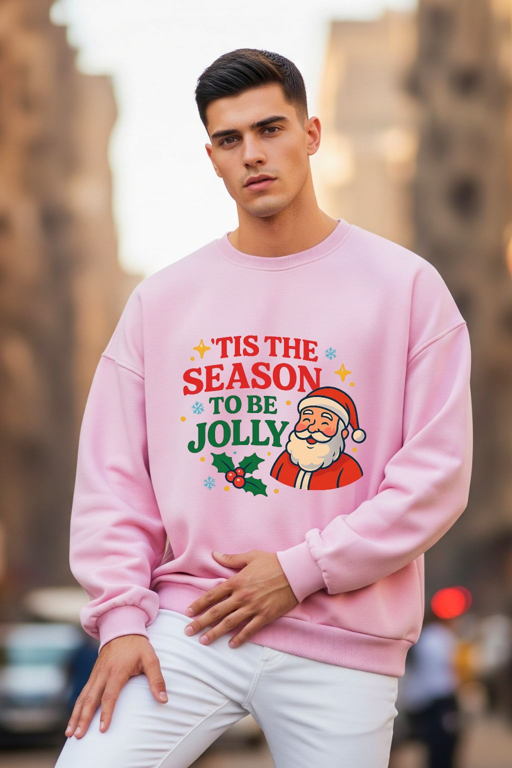 Man wearing a light baby pink Christmas-themed oversized sweatshirt with a blurred city street background