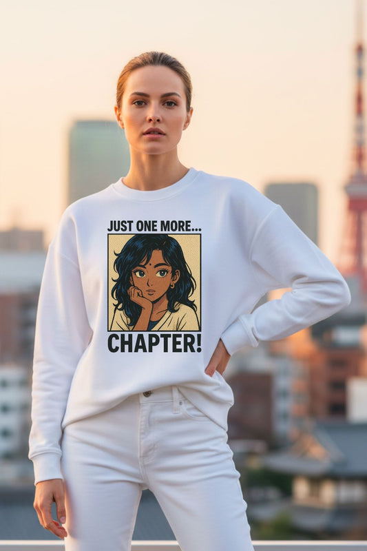 Woman wearing a white oversized sweatshirt with a graphic design and text, standing against an urban skyline.