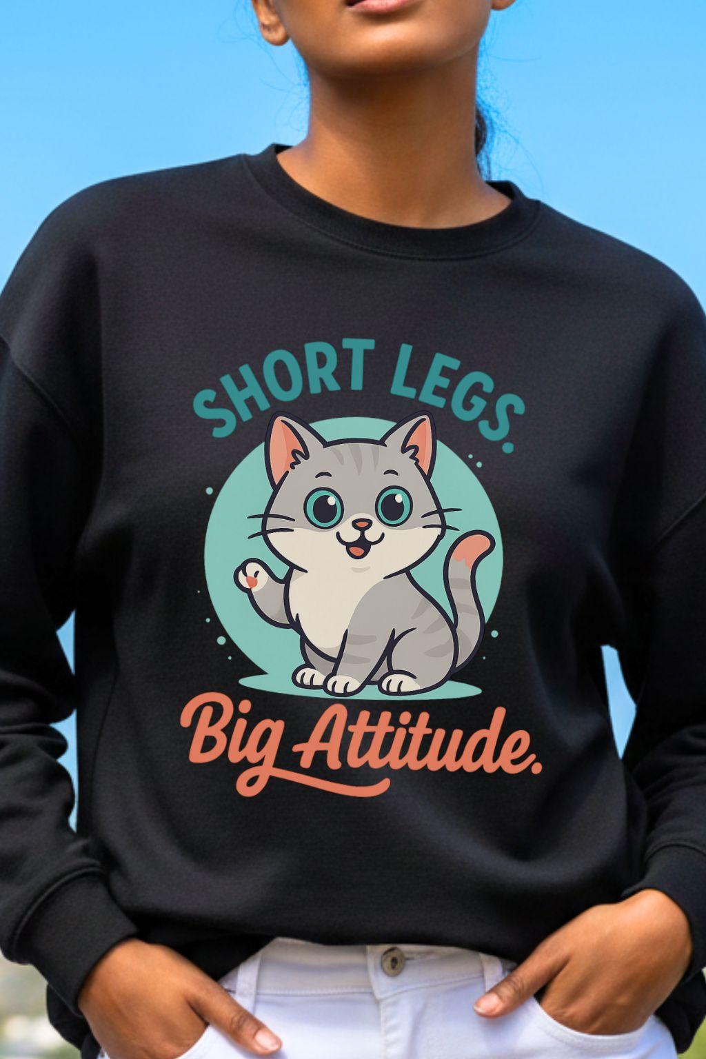close up of a woman wearing a black oversized  sweatshirt with a cat graphic and text 'Short Legs, Big Attitude' against a blue sky.
