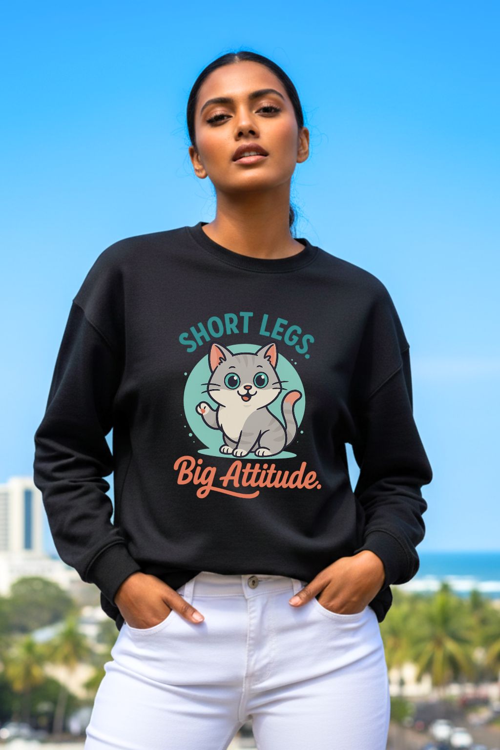 Woman wearing a black oversized sweatshirt with a cat graphic and text, standing outdoors with a clear blue sky.