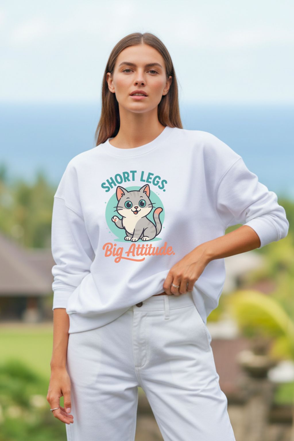 Woman wearing an oversized white sweatshirt with a graphic design outdoors