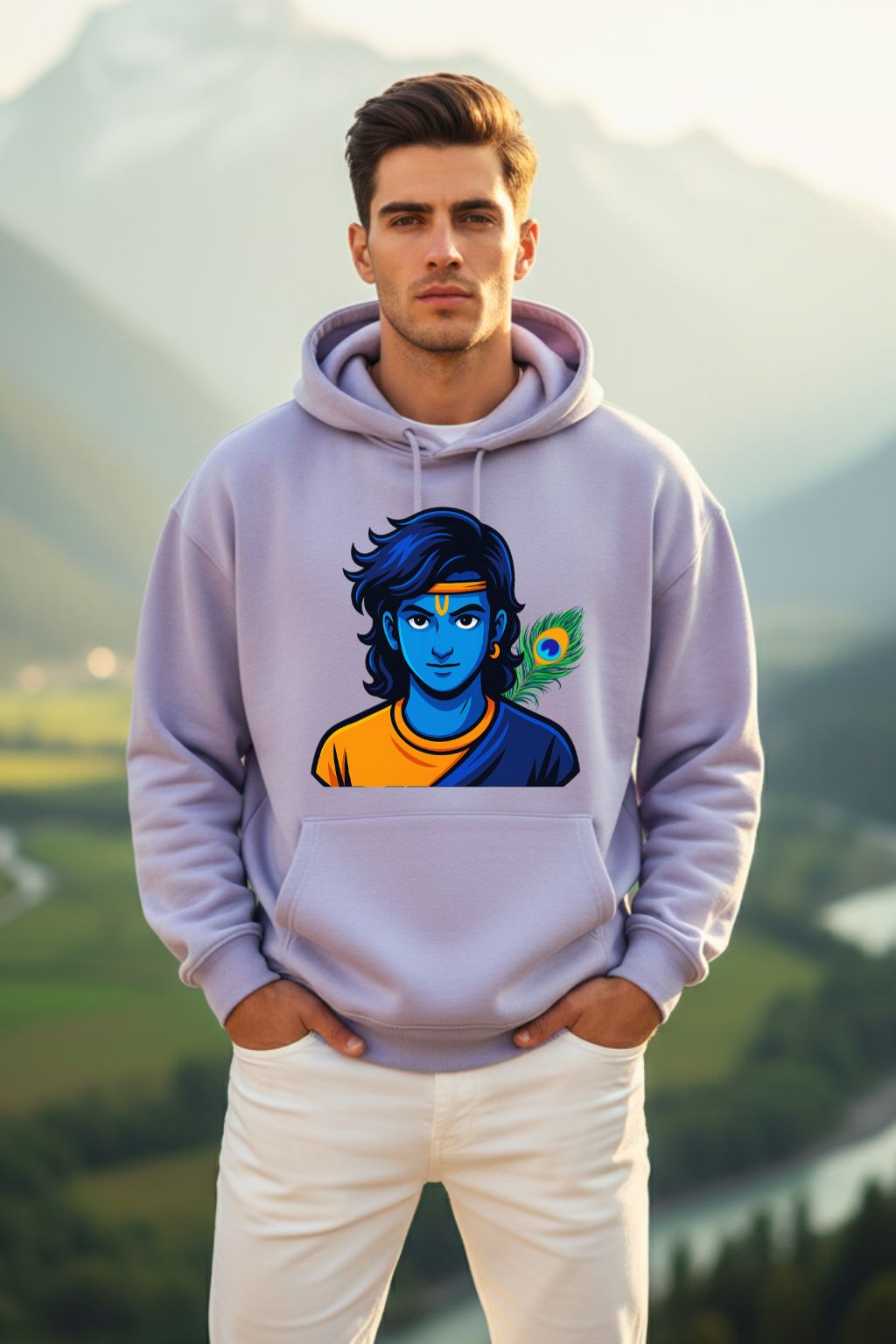 Man wearing a lavendar oversized hoodie with a graphic design of lord krishna against a mountainous background.
