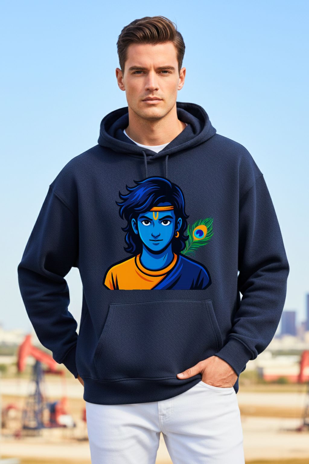 Man wearing a navy blue oversized hoodie with a graphic design of lord krishna.