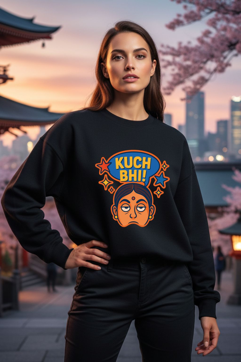 Woman wearing a black sweatshirt with a colorful graphic design of "Kuch Bhi" in an outdoor setting with cherry blossoms and traditional architecture.