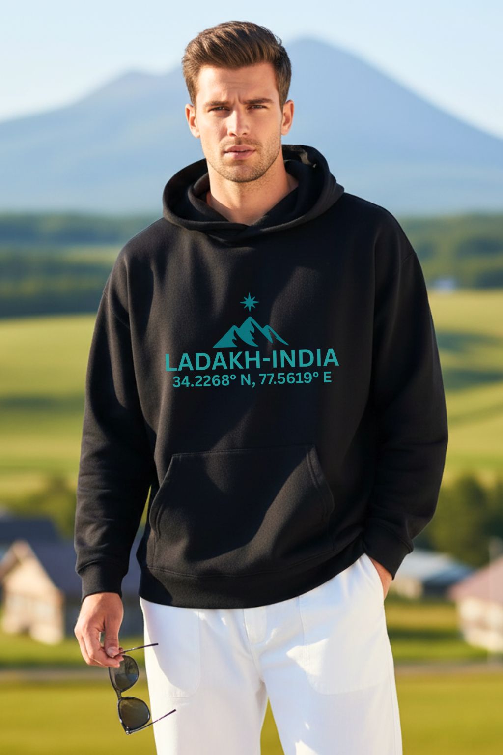 front view of a man wearing a black oversized hoodie with 'Ladakh-India' text and mountains, standing outdoors with greenery and mountains in the background.