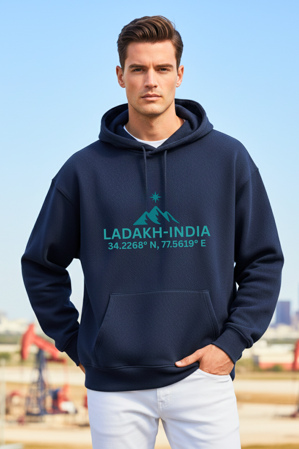 front view of a man wearing a navy blue oversized hoodie with 'Ladakh-India' text and coordinates, standing against a clear sky.