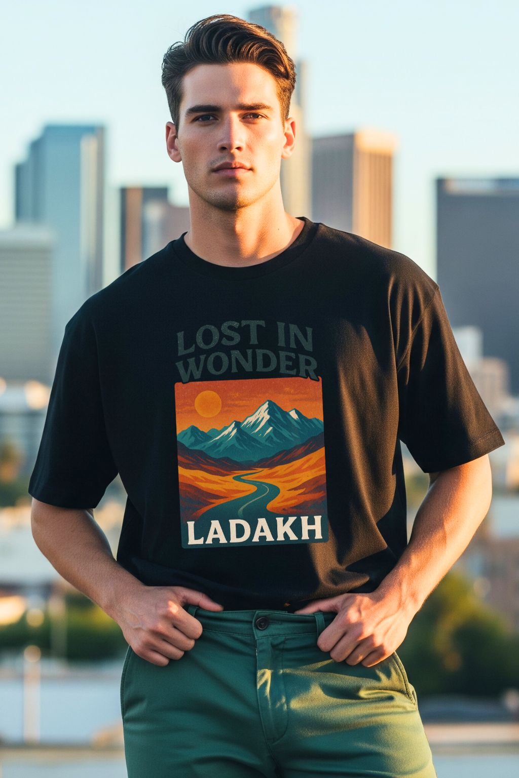 Man wearing a black oversized  t-shirt with 'Lost in Wonder Ladakh' design against an urban skyline.