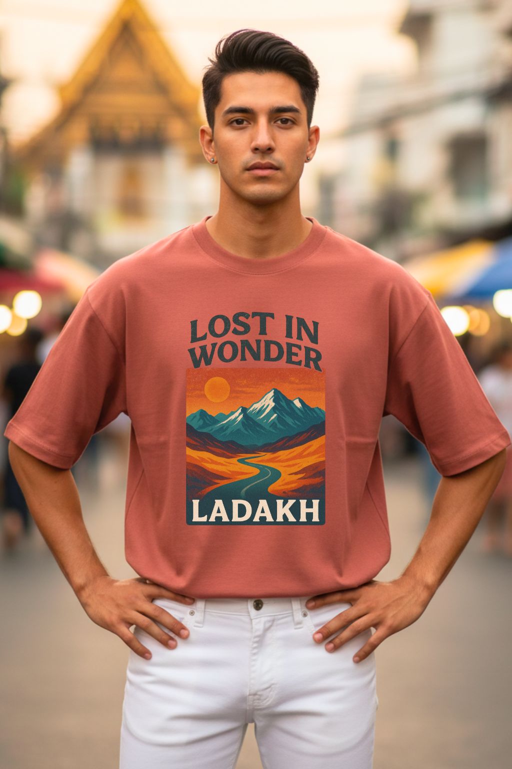Man wearing a coral oversized  t-shirt with 'Lost in Wonder Ladakh' design outdoors.