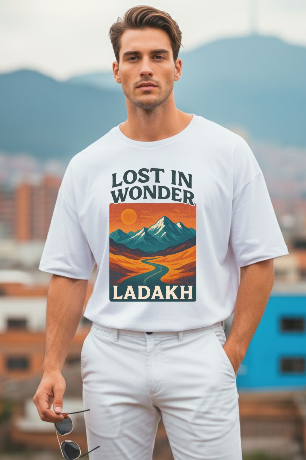 Man wearing a white t-shirt with 'Lost in Wonder Ladakh' design outdoors.