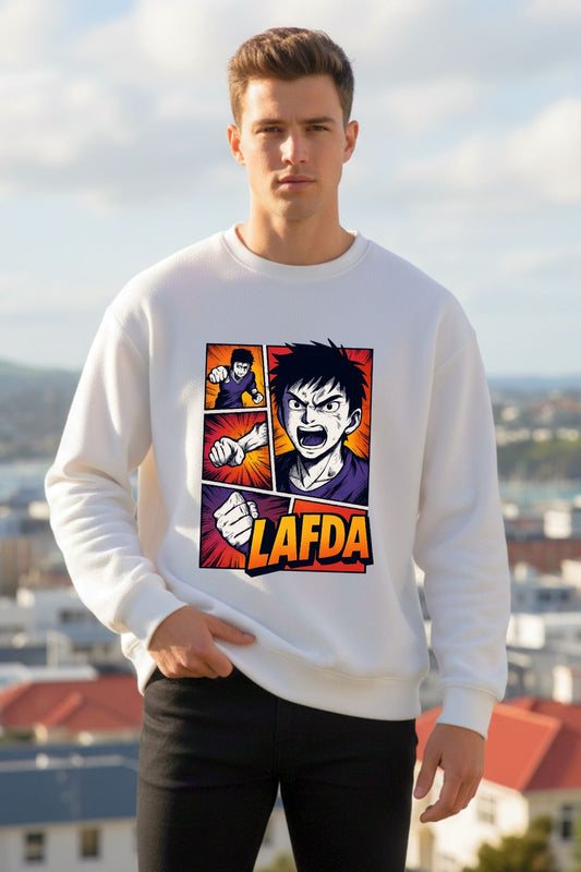 Man wearing a white sweatshirt with a graphic design and text 'LAFDA' outdoors.