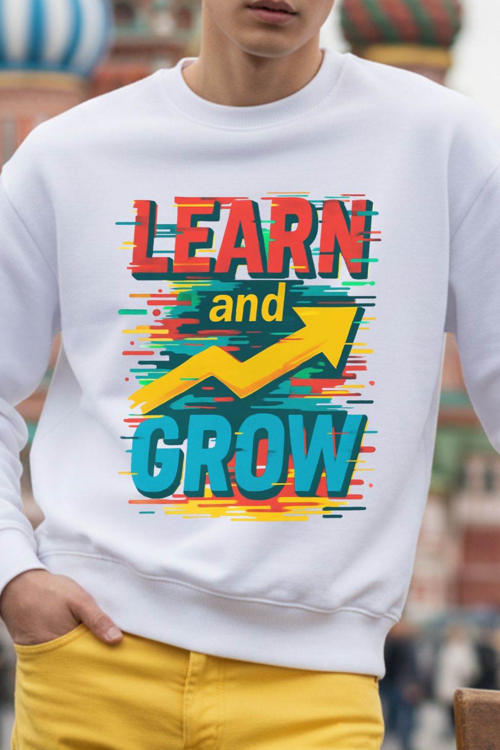 close up of a man wearing a white oversized sweatshirt with colorful text and an arrow graphic.