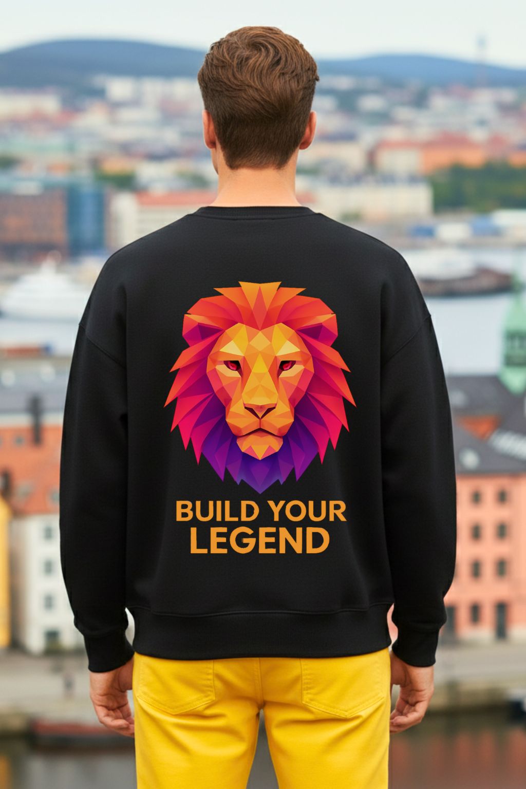 back view of a person wearing a black oversized sweatshirt with a colorful lion graphic and 'Build Your Legend' text, standing against an urban landscape.