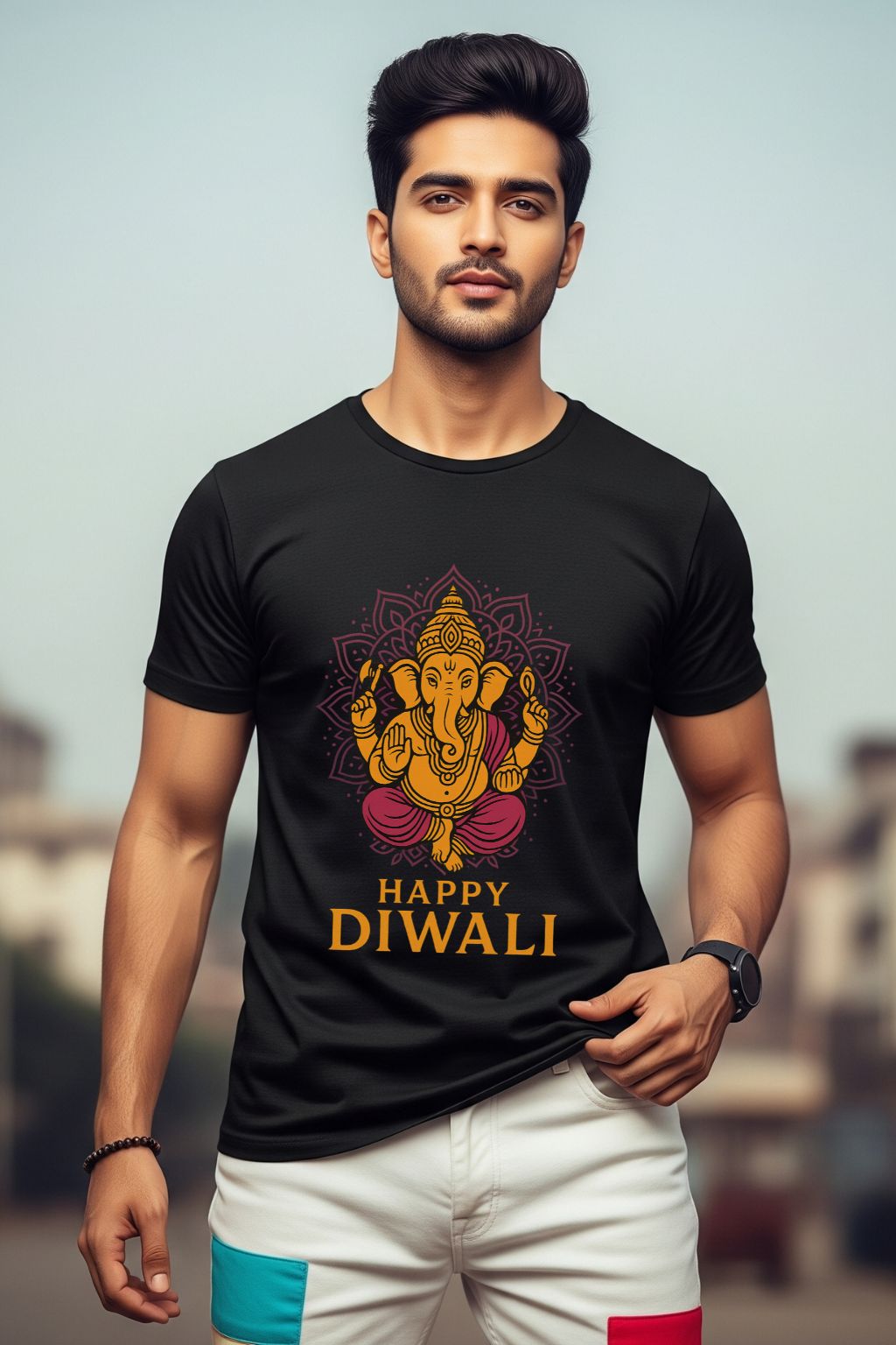 Man wearing a black t-shirt with a Diwali design and text.