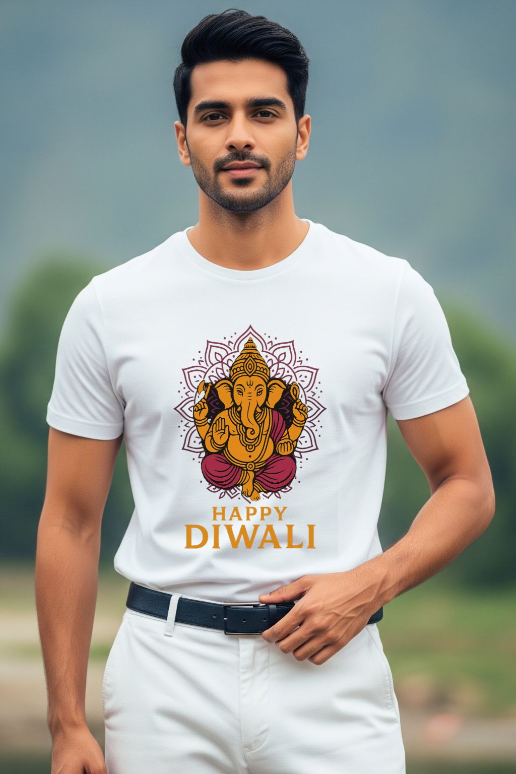 Man wearing a white t-shirt with a Ganesha design and 'Happy Diwali' text.