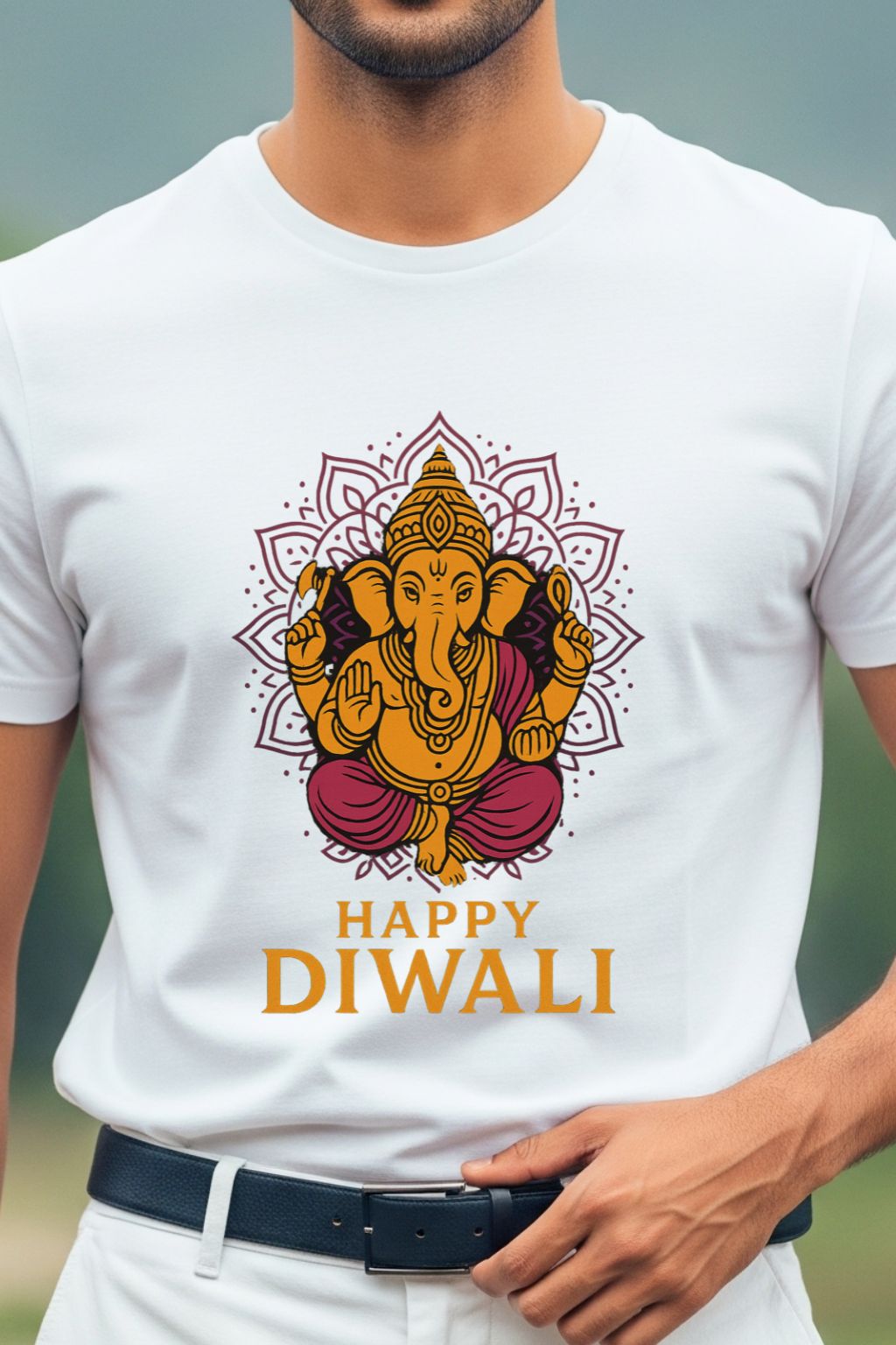 Man wearing a white t-shirt with a Ganesha design and 'Happy Diwali' text.