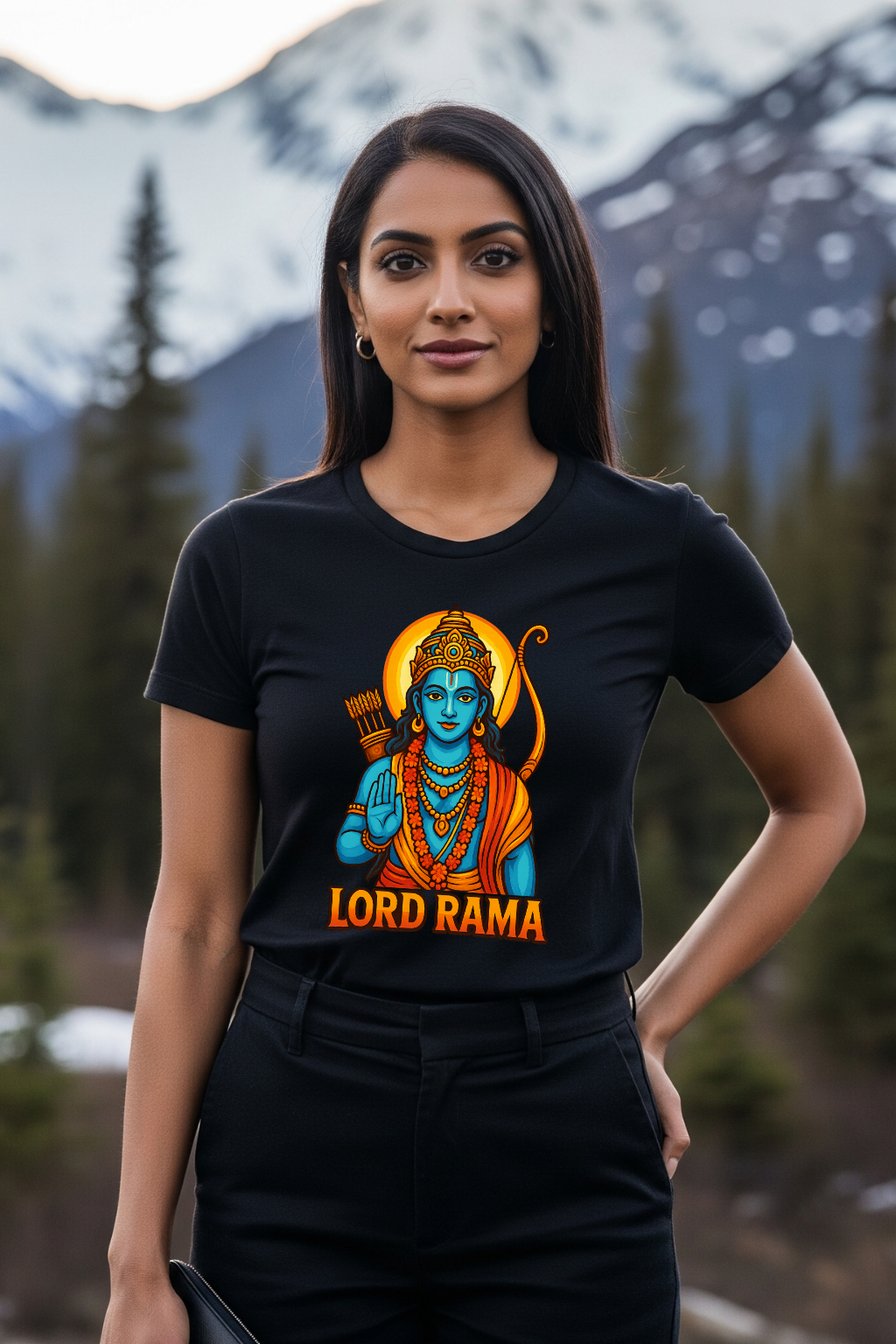 Woman wearing a black t-shirt with 'Lord Rama' design in a mountainous landscape
