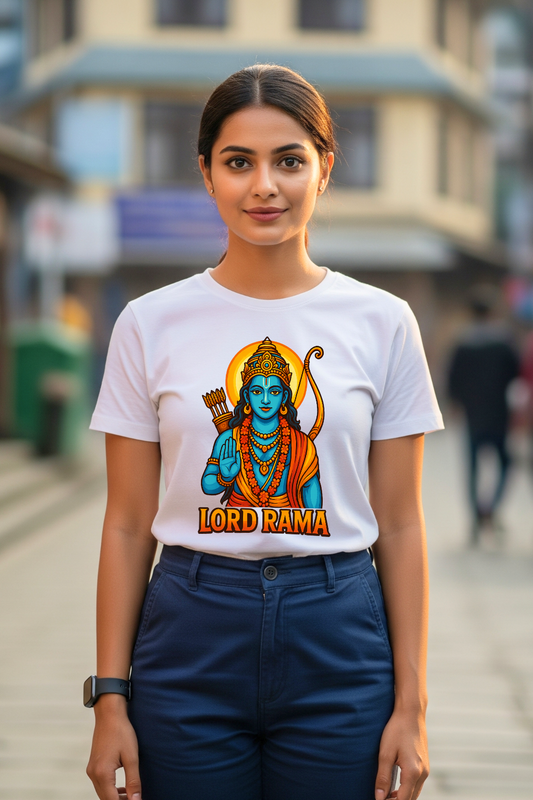 Woman wearing a white t-shirt with Lord Rama graphic on a street background