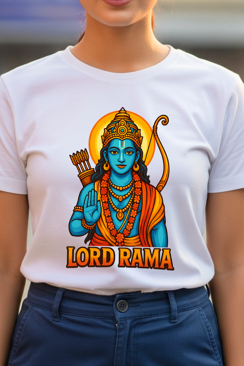 Woman wearing White t-shirt with Lord Rama graphic design