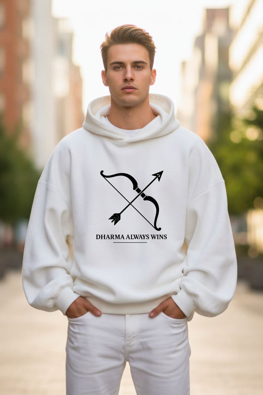 Man wearing a white hoodie with a black graphic of Lord Rama Bow and his teaching in an urban setting