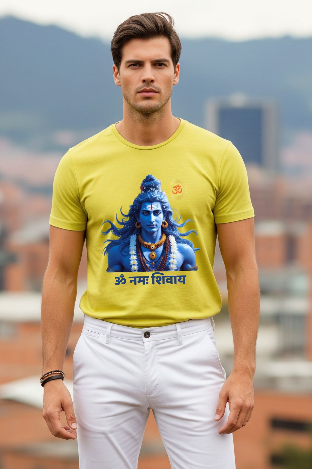 New yellow graphic t-shirt featuring a divine Lord Shiva and sacred Sanskrit shloka, ideal for spiritual and streetwear fashion.