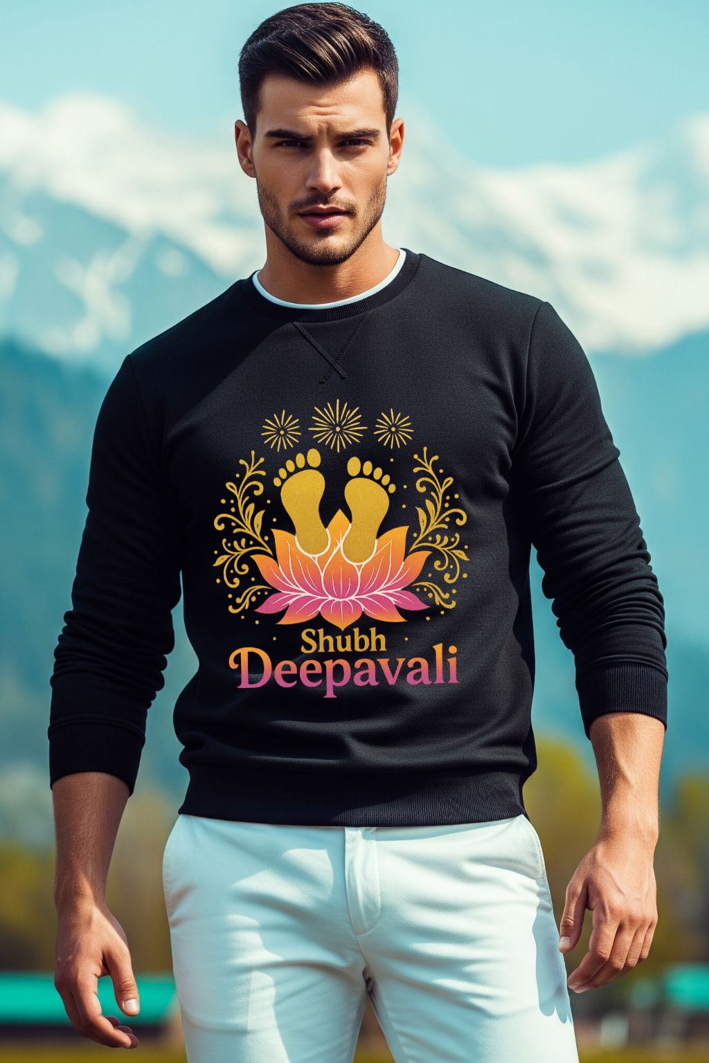Black t-shirt for men, featuring a beautiful golden Lotus and Goddess Lakshmi graphic with "Happy Diwali" text.
