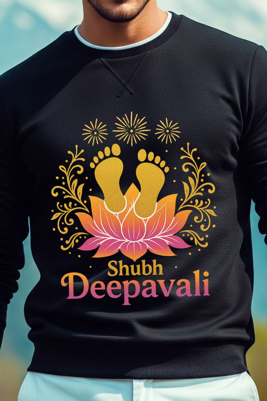 Close-up of the 'Happy Diwali' graphic on a black t-shirt, highlighting the intricate golden Lotus and Goddess Lakshmi design.