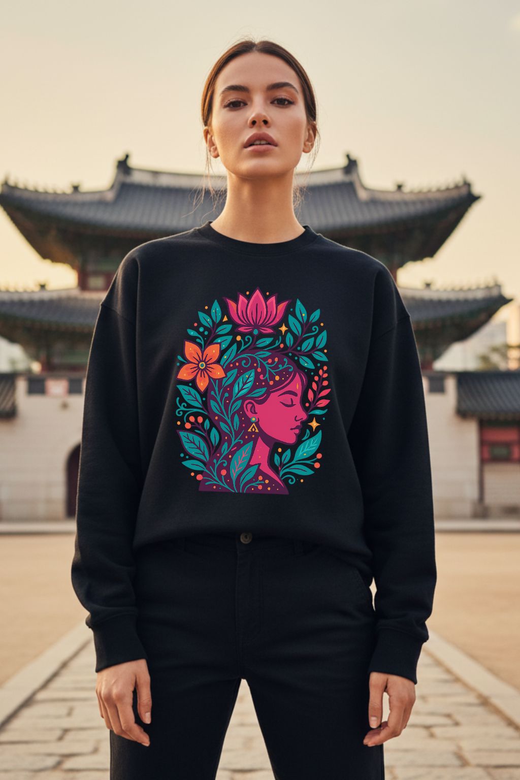 Woman wearing a black sweatshirt with a colorful design in front of traditional architecture.
