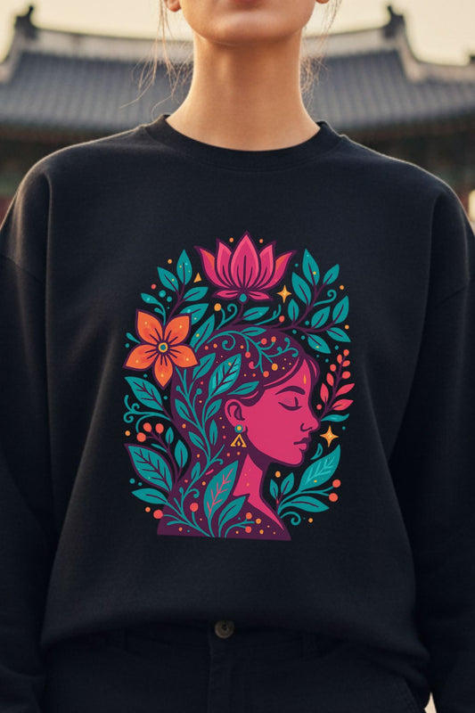 Black sweatshirt with a colorful design of a woman's face surrounded by flowers and leaves.