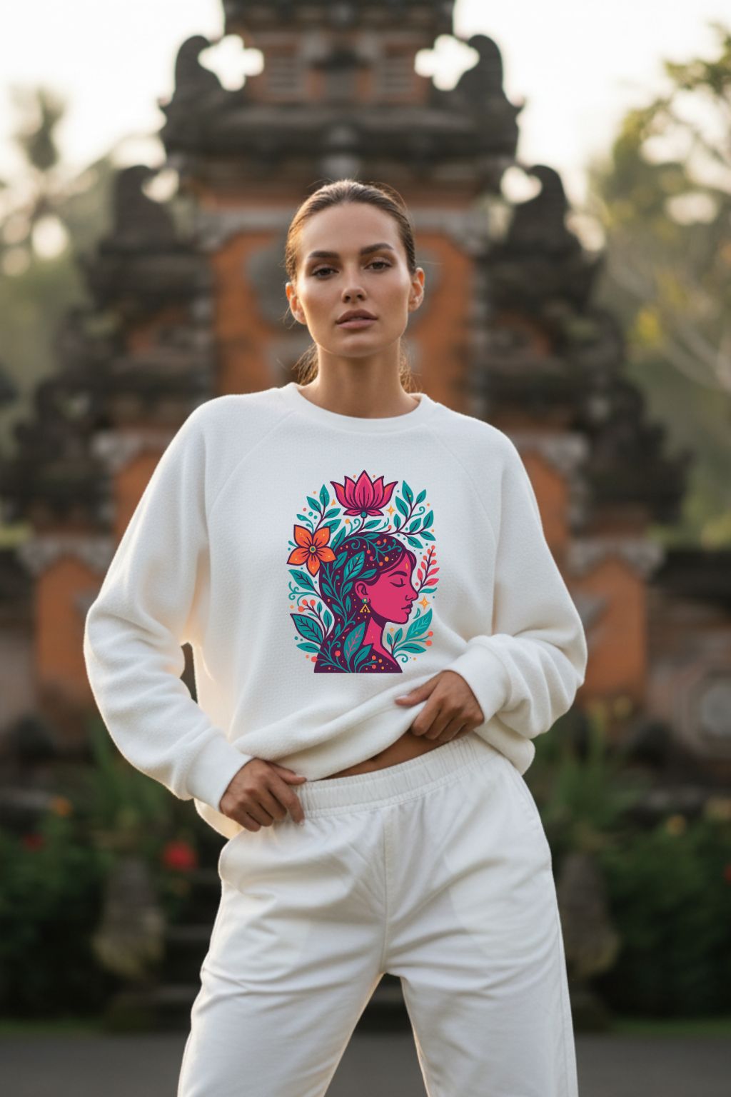 Woman wearing a white sweatshirt with a colorful design in front of a traditional building.