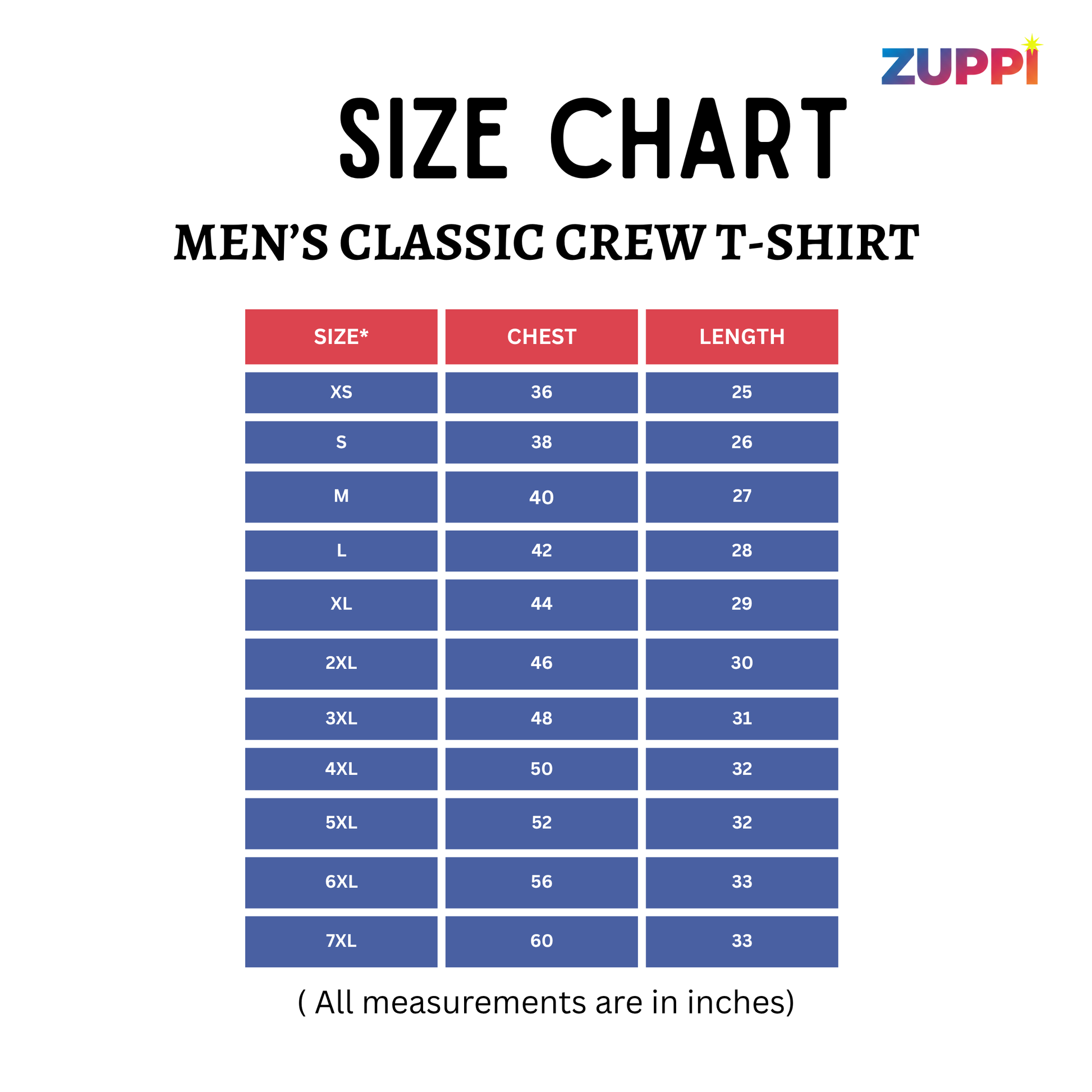 Size chart for men's classic crew t-shirts by Zuppi on a white background