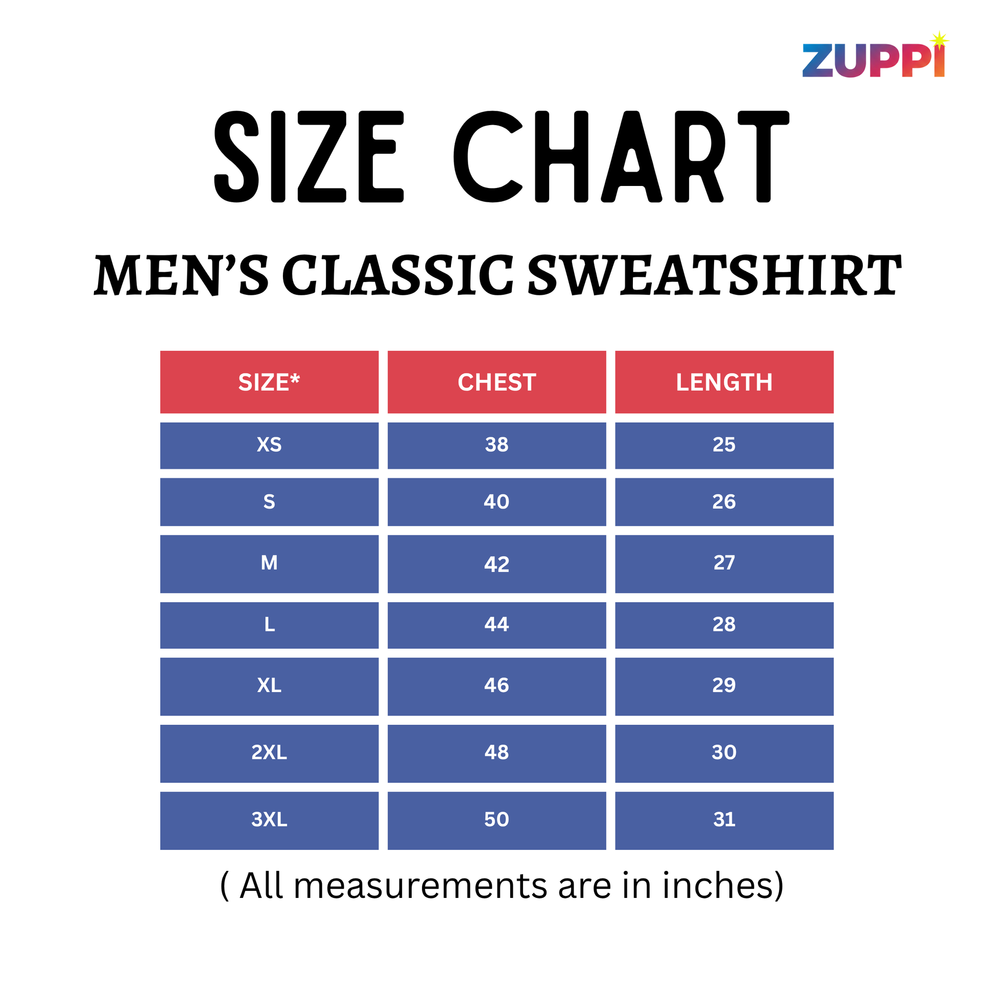 Size chart for men's classic sweatshirt with Zuppi branding